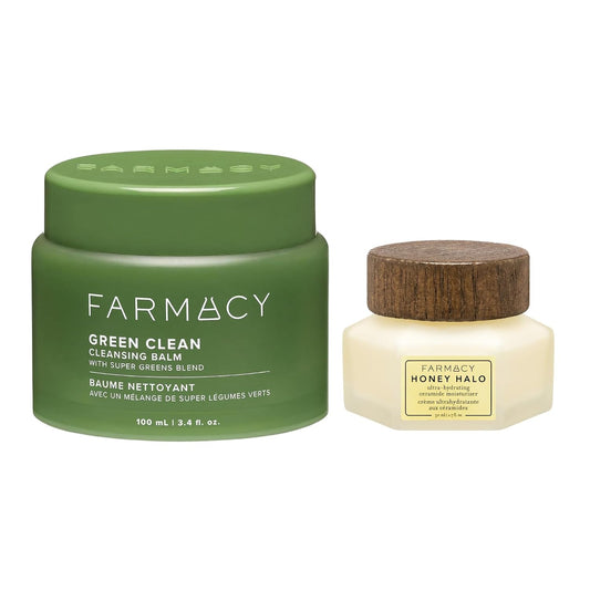 Farmacy Cleanse & Hydrate Duo - Green Clean Waterproof Makeup Remover Balm + Oil Cleanser for Face (100ml), Honey Halo Ultra Hydrating Facial Moisturizer with Buckwheat Honey + Ceramides (50ml)