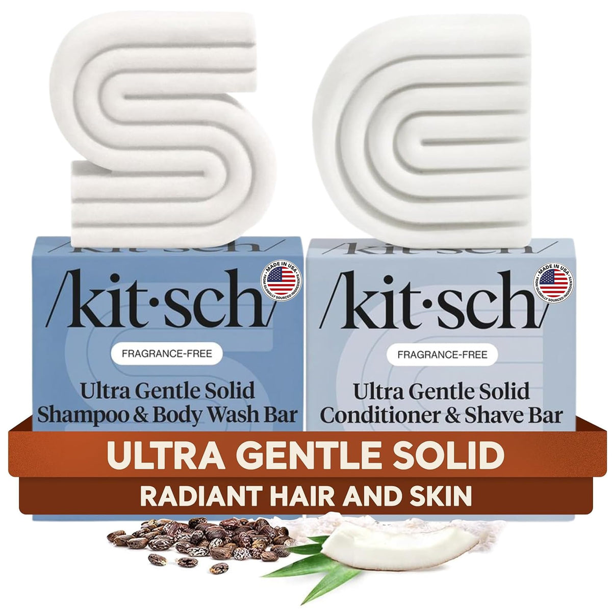 Kitsch Shampoo and Conditioner Set - 4pc Sampler Bars for Hair Growth | Rice Water Shampoo and Conditioner, Castor Oil Shampoo & Coconut Oil Conditioner - Bottle-Free Beauty for Repair & Moisture