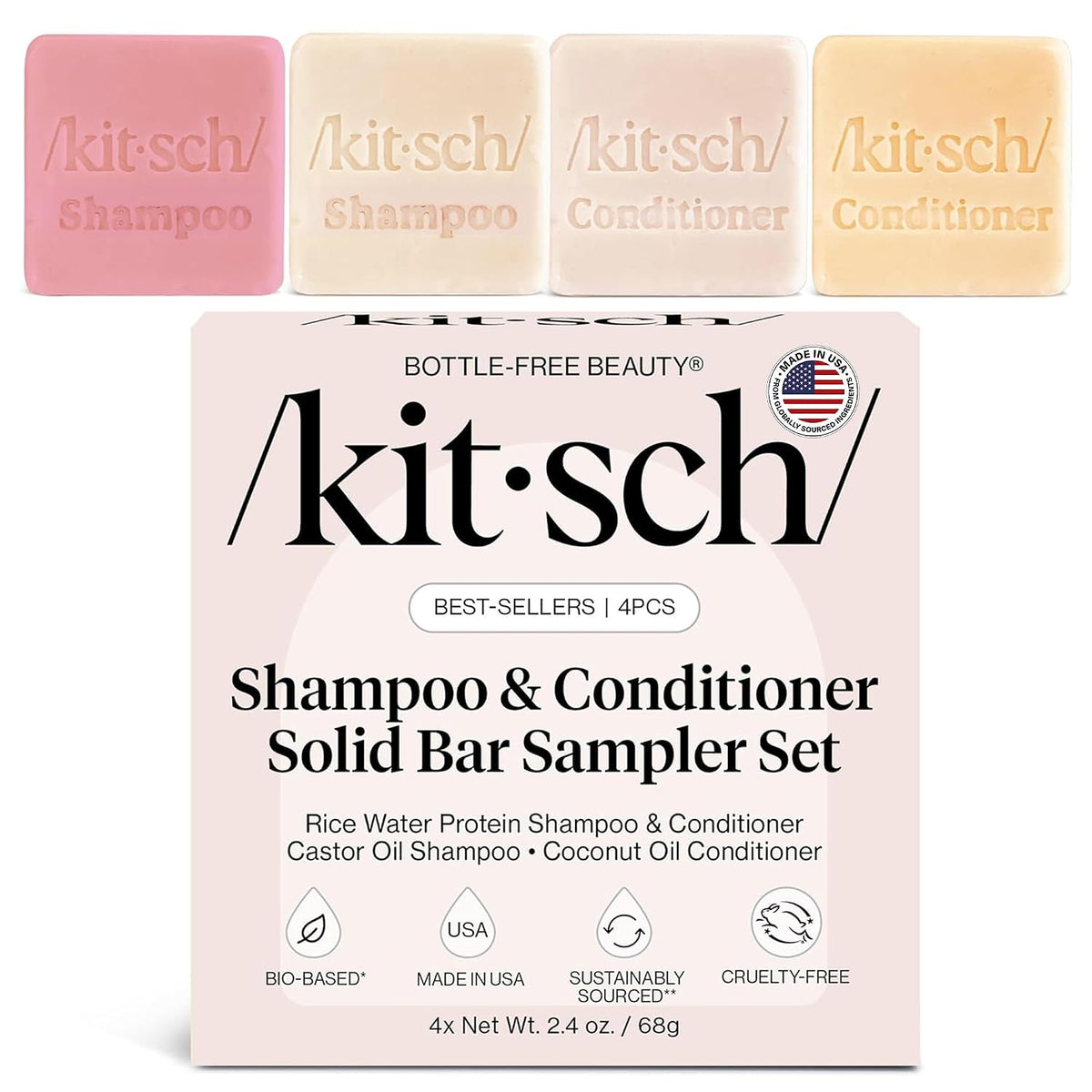 Kitsch Shampoo and Conditioner Set - 4pc Sampler Bars for Hair Growth | Rice Water Shampoo and Conditioner, Castor Oil Shampoo & Coconut Oil Conditioner - Bottle-Free Beauty for Repair & Moisture