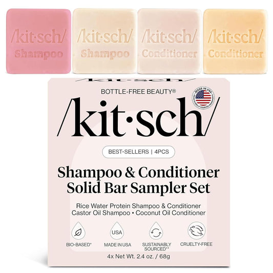 Kitsch Shampoo and Conditioner Set - 4pc Sampler Bars for Hair Growth | Rice Water Shampoo and Conditioner, Castor Oil Shampoo & Coconut Oil Conditioner - Bottle-Free Beauty for Repair & Moisture