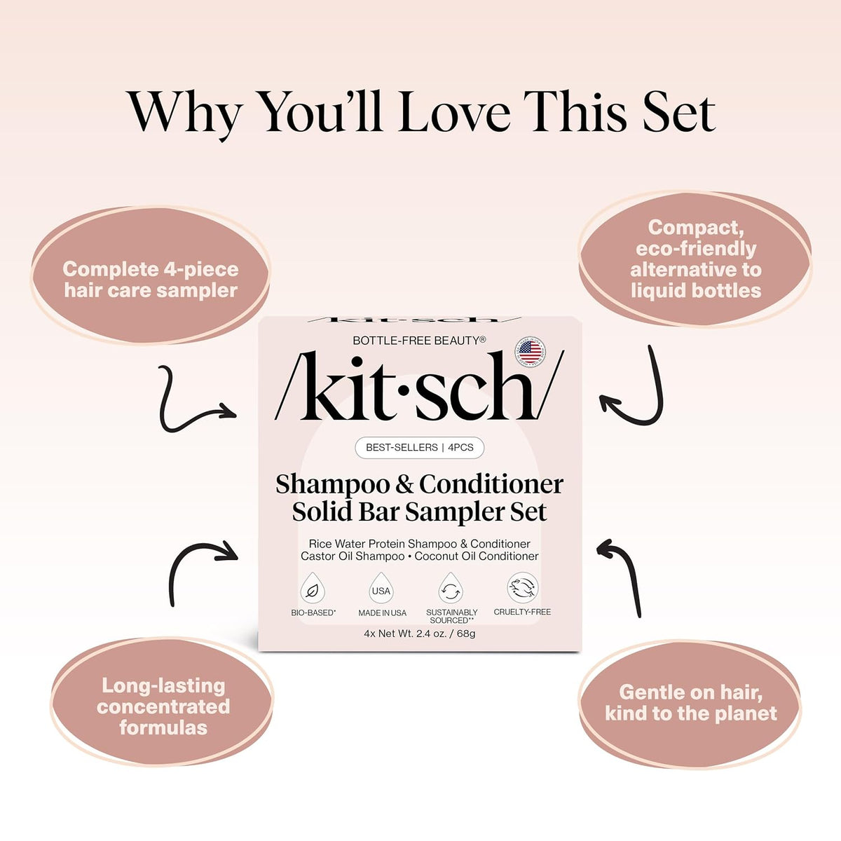 Kitsch Shampoo and Conditioner Set - 4pc Sampler Bars for Hair Growth | Rice Water Shampoo and Conditioner, Castor Oil Shampoo & Coconut Oil Conditioner - Bottle-Free Beauty for Repair & Moisture