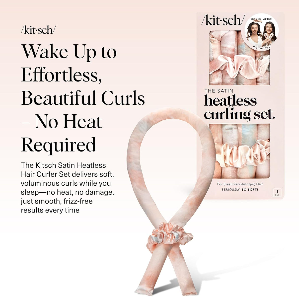 Kitsch Satin Heatless Curls Overnight Set - Sunset Tie Dye | No Heat Damage Overnight Curls | Comfortable Frizz Free Hair Curlers To Sleep In with 34" Hair Waver & 2 Satin Scrunchies