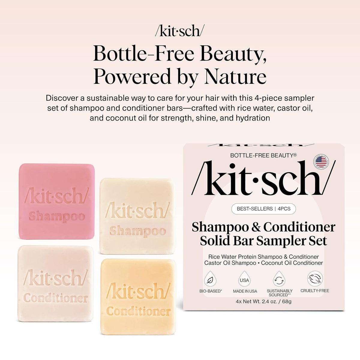 Kitsch Shampoo and Conditioner Set - 4pc Sampler Bars for Hair Growth | Rice Water Shampoo and Conditioner, Castor Oil Shampoo & Coconut Oil Conditioner - Bottle-Free Beauty for Repair & Moisture