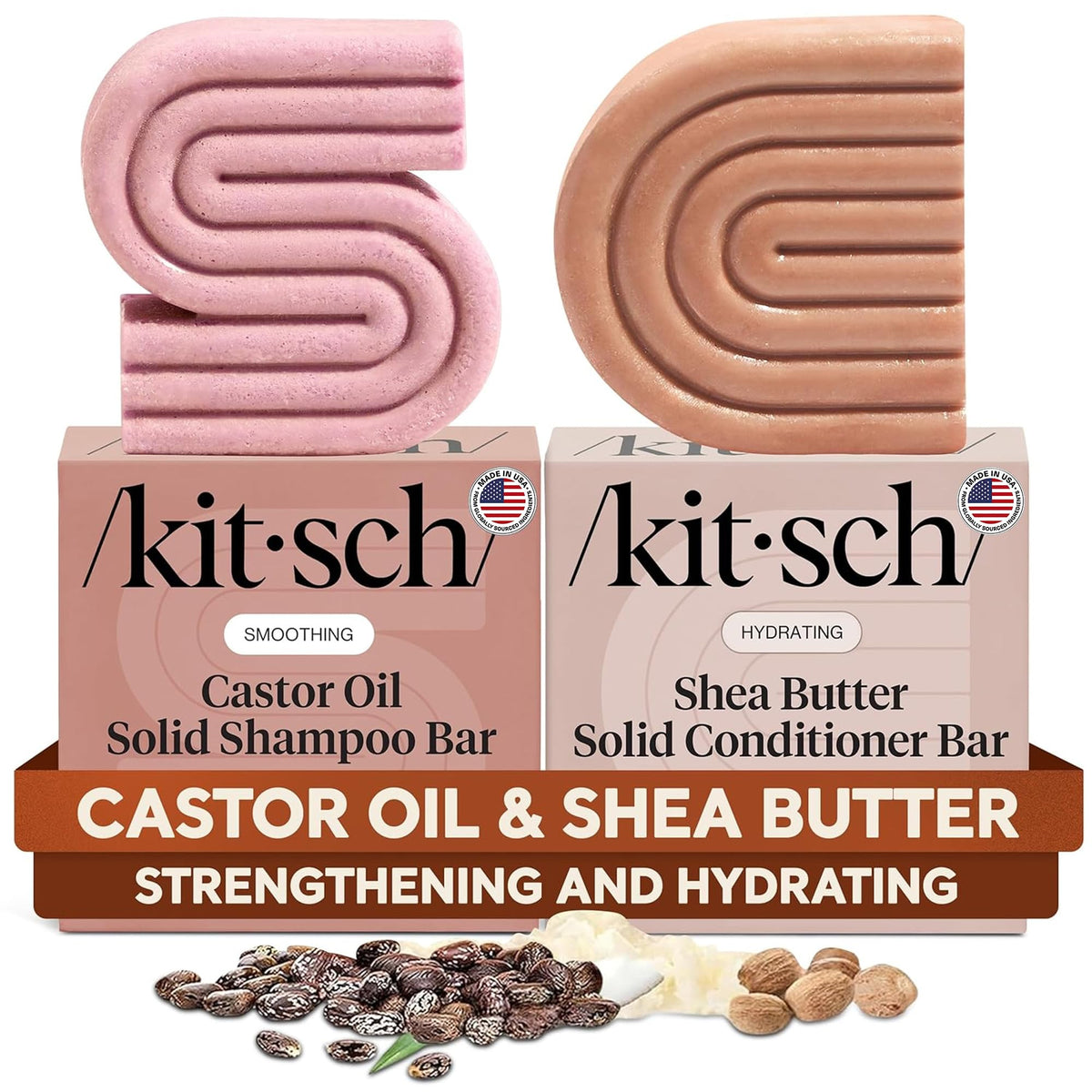 Kitsch Shampoo and Conditioner Set - 4pc Sampler Bars for Hair Growth | Rice Water Shampoo and Conditioner, Castor Oil Shampoo & Coconut Oil Conditioner - Bottle-Free Beauty for Repair & Moisture