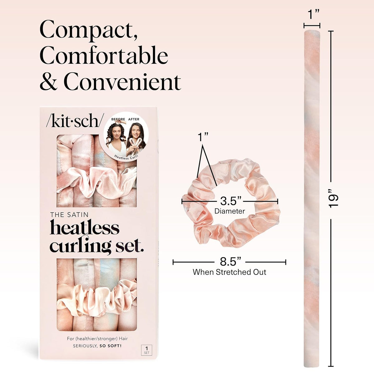 Kitsch Satin Heatless Curls Overnight Set - Sunset Tie Dye | No Heat Damage Overnight Curls | Comfortable Frizz Free Hair Curlers To Sleep In with 34" Hair Waver & 2 Satin Scrunchies