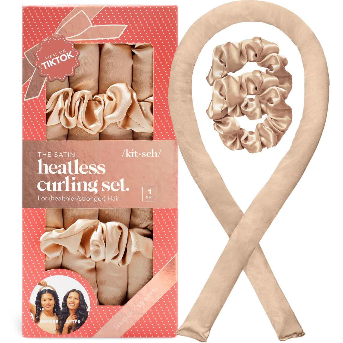 Kitsch Satin Heatless Curls Overnight Set - Sunset Tie Dye | No Heat Damage Overnight Curls | Comfortable Frizz Free Hair Curlers To Sleep In with 34" Hair Waver & 2 Satin Scrunchies