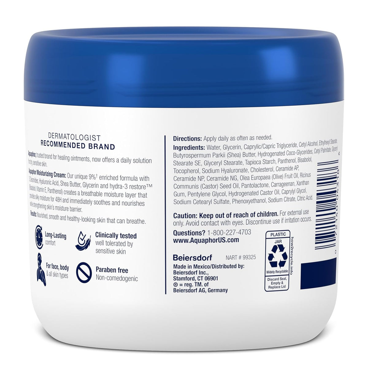 Aquaphor Moisturizing Face and Body Cream with Hyaluronic Acid, 16 OZ