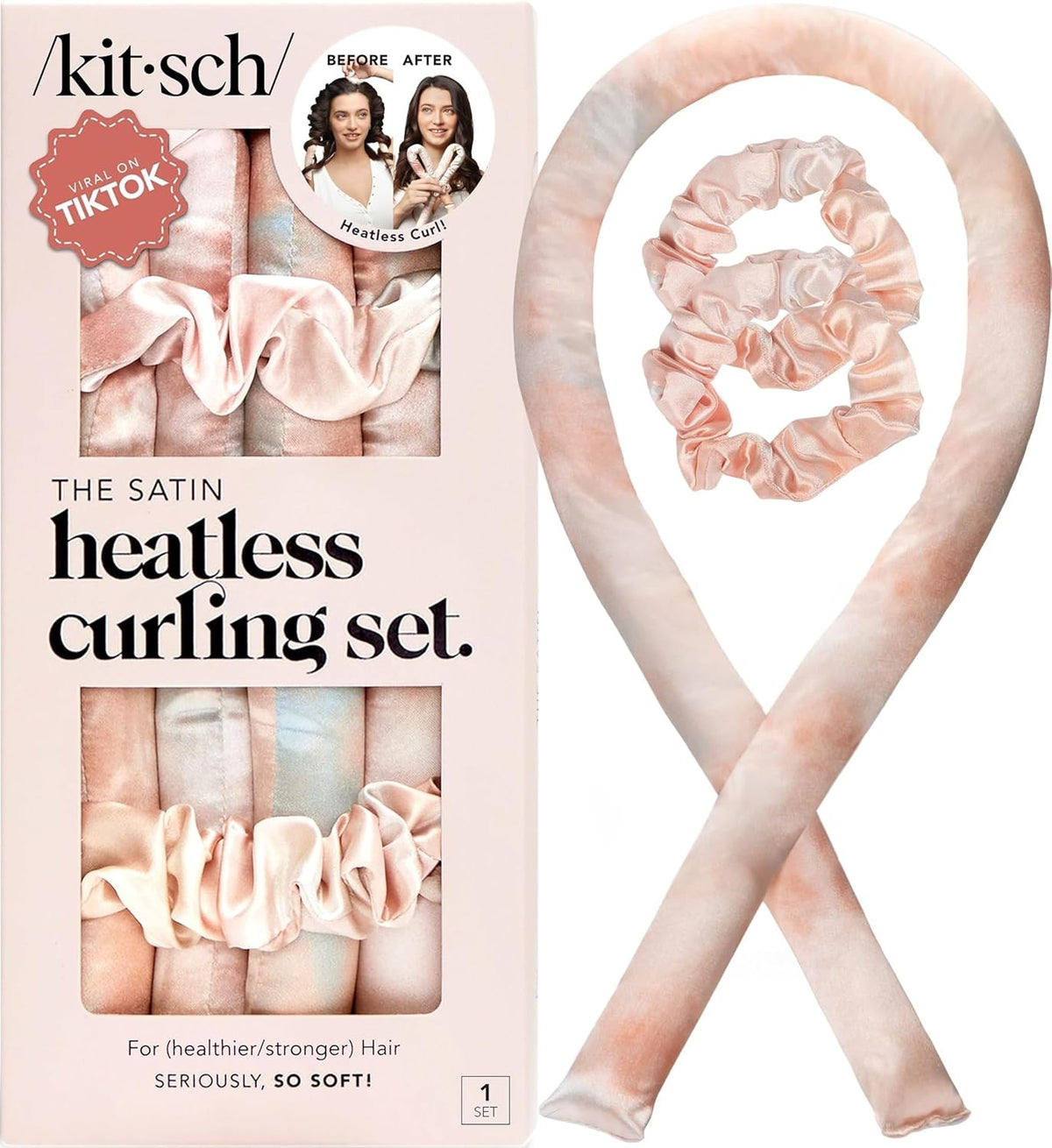 Kitsch Satin Heatless Curls Overnight Set - Sunset Tie Dye | No Heat Damage Overnight Curls | Comfortable Frizz Free Hair Curlers To Sleep In with 34" Hair Waver & 2 Satin Scrunchies