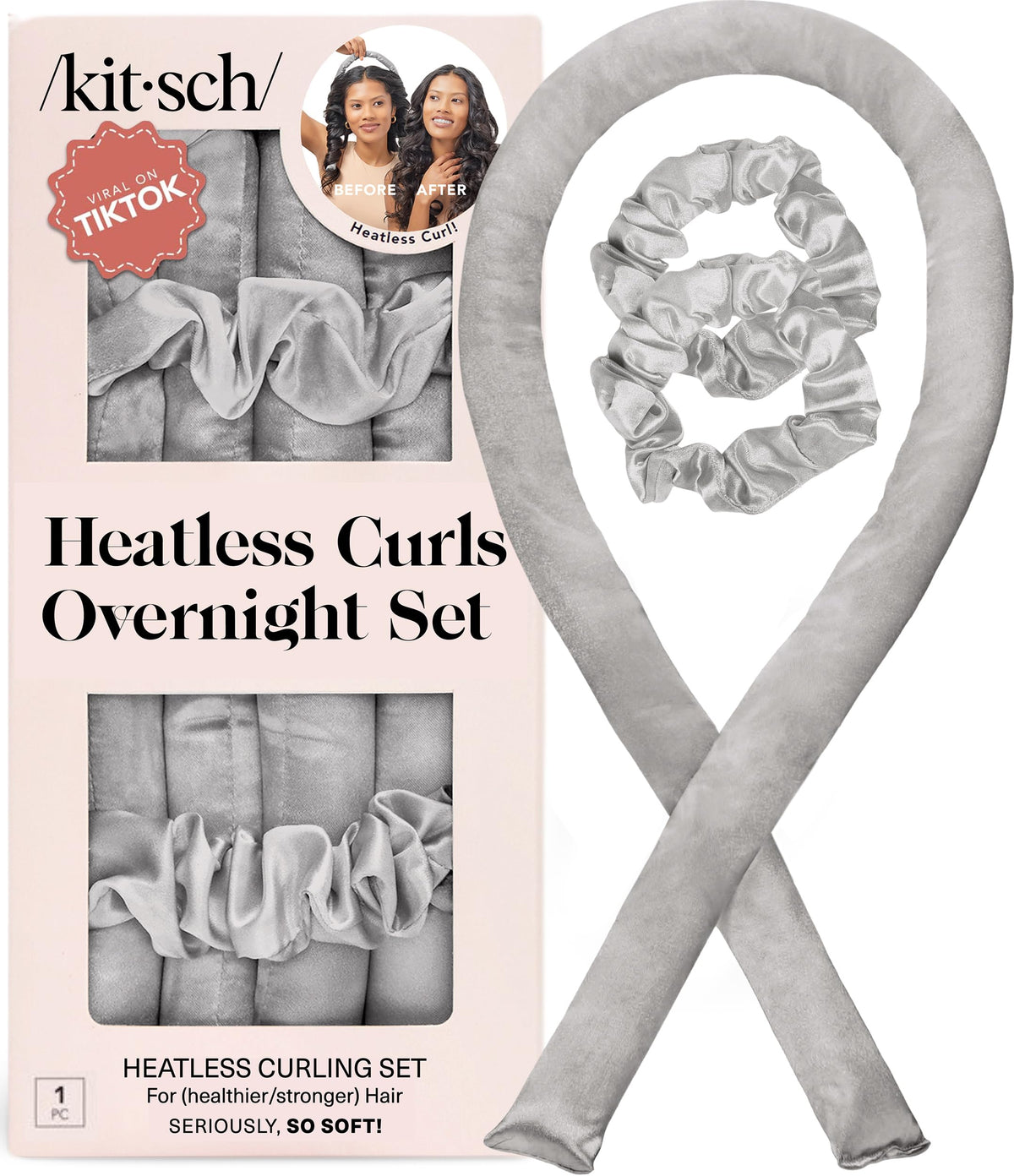Kitsch Satin Heatless Curls Overnight Set - Sunset Tie Dye | No Heat Damage Overnight Curls | Comfortable Frizz Free Hair Curlers To Sleep In with 34" Hair Waver & 2 Satin Scrunchies