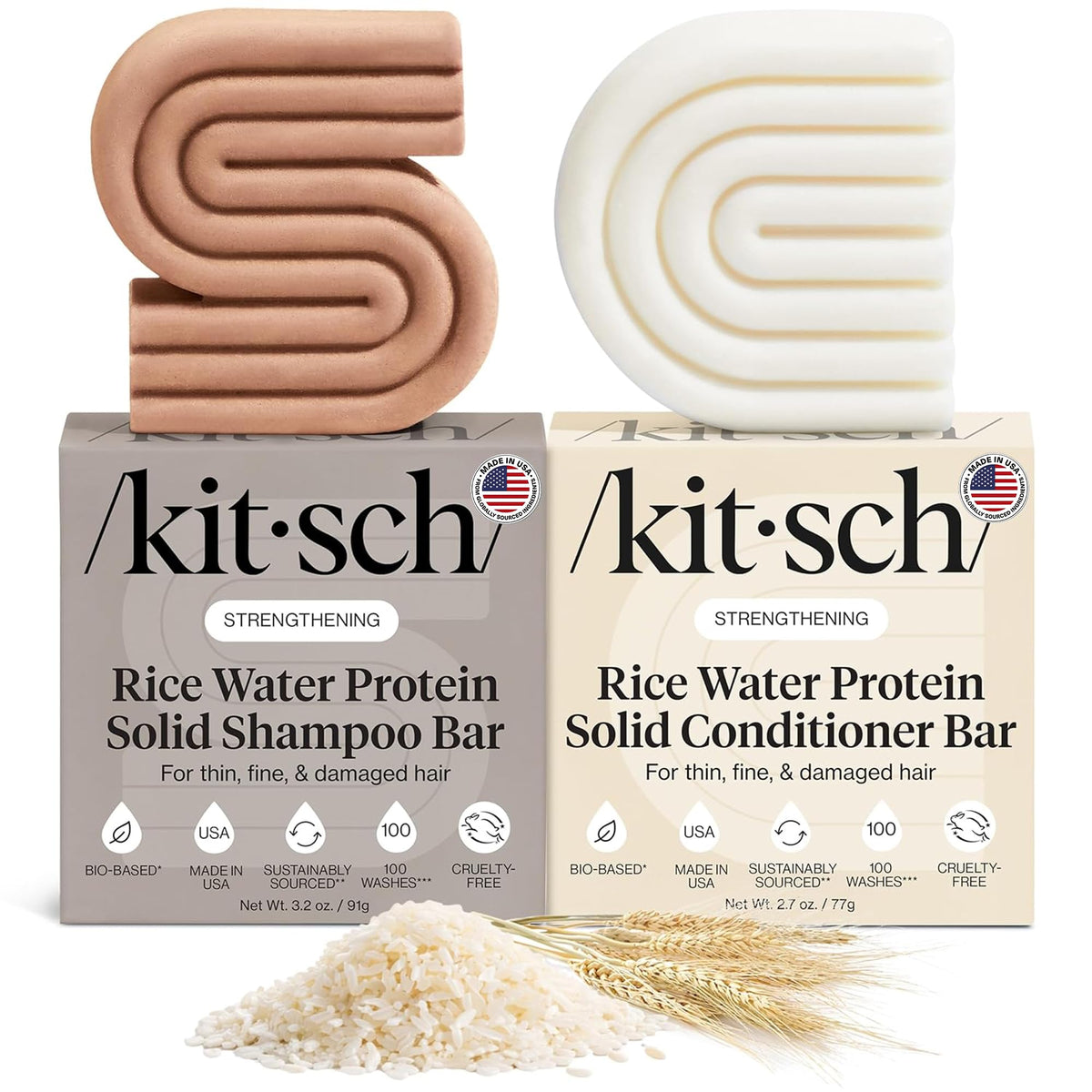 Kitsch Shampoo and Conditioner Set - 4pc Sampler Bars for Hair Growth | Rice Water Shampoo and Conditioner, Castor Oil Shampoo & Coconut Oil Conditioner - Bottle-Free Beauty for Repair & Moisture
