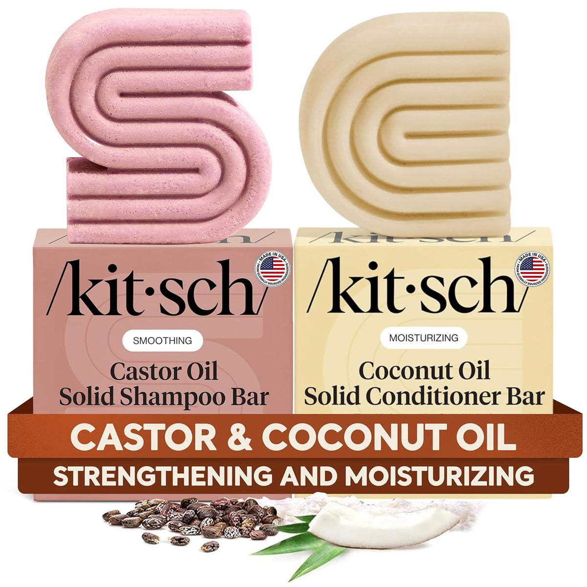 Kitsch Shampoo and Conditioner Set - 4pc Sampler Bars for Hair Growth | Rice Water Shampoo and Conditioner, Castor Oil Shampoo & Coconut Oil Conditioner - Bottle-Free Beauty for Repair & Moisture